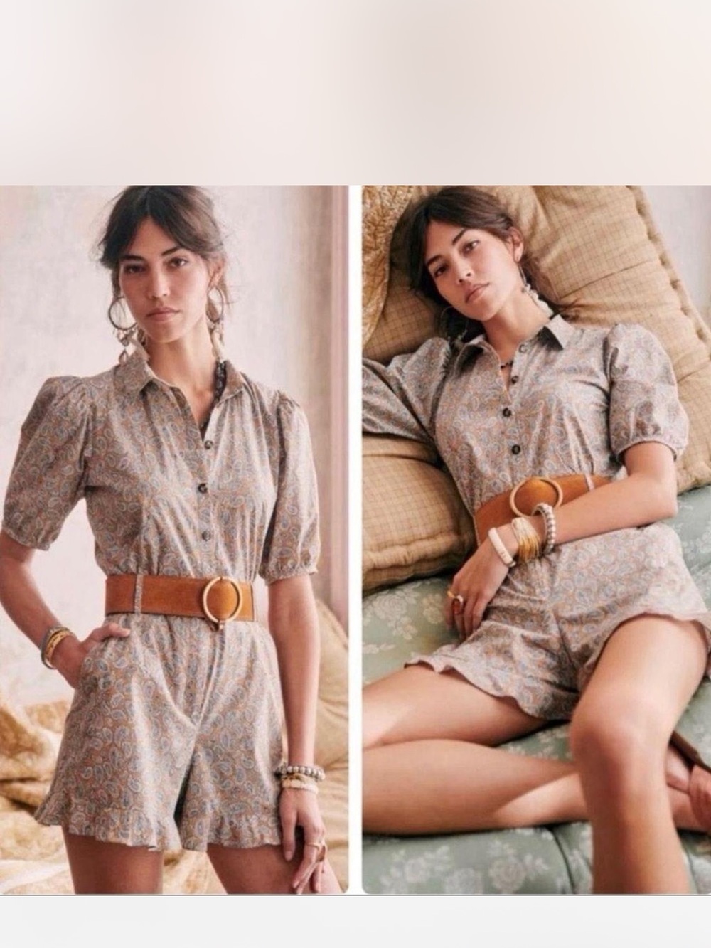 Sezane Neutral Paisley Button-Front Puff Sleeve Tunic Romper